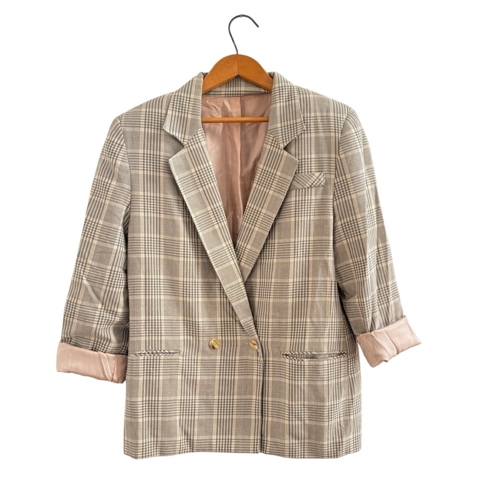 VTG 90s Jessica Blazer Checks Plaid Tan Beige Lined Sz. 10